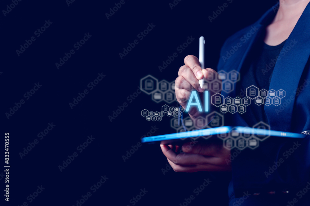 Obraz premium Businessman’s hands managing documents with AI technology, streamlining office processes and optimizing document arrangement for increased efficiency