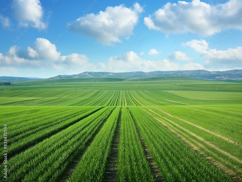 Vast, green agricultural fields stretch to the horizon under a bright blue sky with fluffy clouds