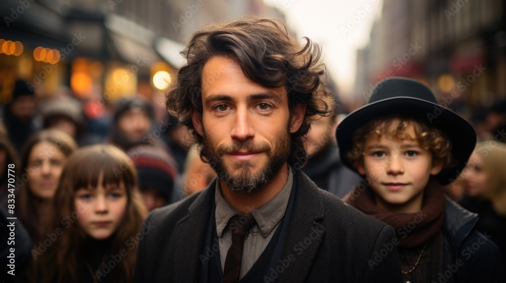 A stylish man with a beard and a hat is standing amidst a crowd with a young boy, both looking relaxed and content A stylish man with a beard and a hat is standing amidst a crowd with a young boy, both looking relaxed and content