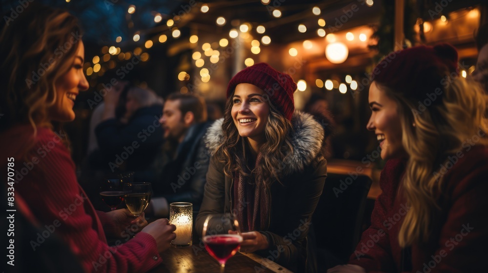 A group of friends is having drinks and smiling at a warmly lit outdoor seating area of a restaurant in the evening A group of friends is having drinks and smiling at a warmly lit outdoor seating area of a restaurant in the evening