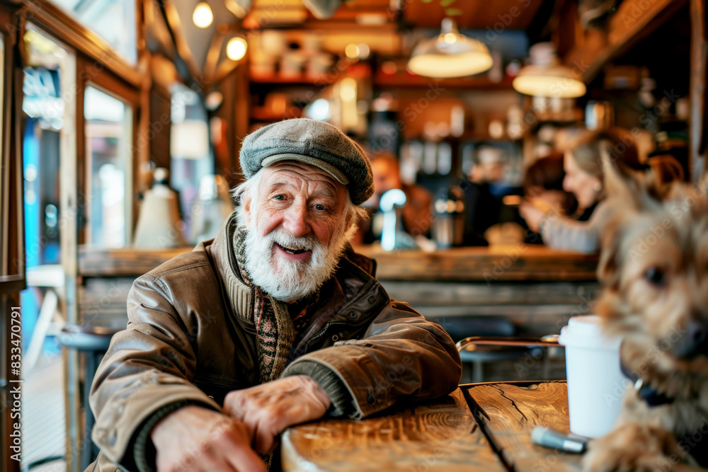 An elderly man and his dog taking a selfie in a cozy cafe.