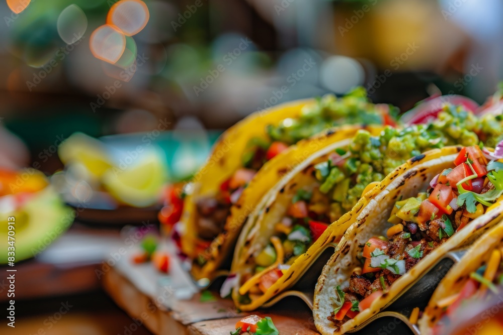 Assorted colorful tacos filled with fresh ingredients, perfect for a vibrant and flavorful Mexican meal, displayed on a rustic surface.