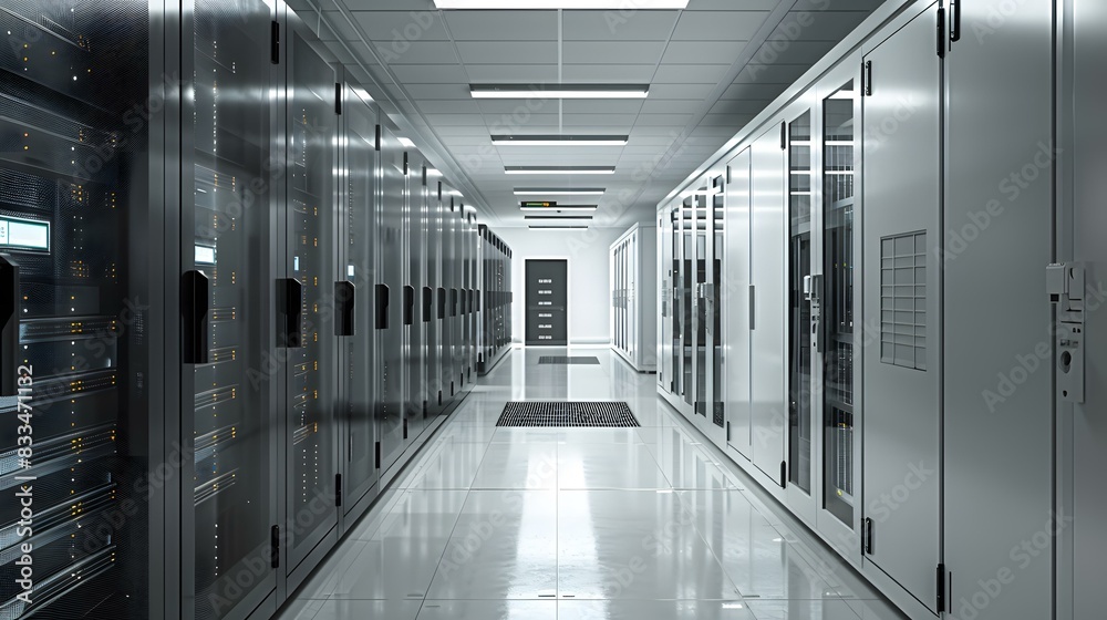 A long and empty futuristic server room with shiny floor