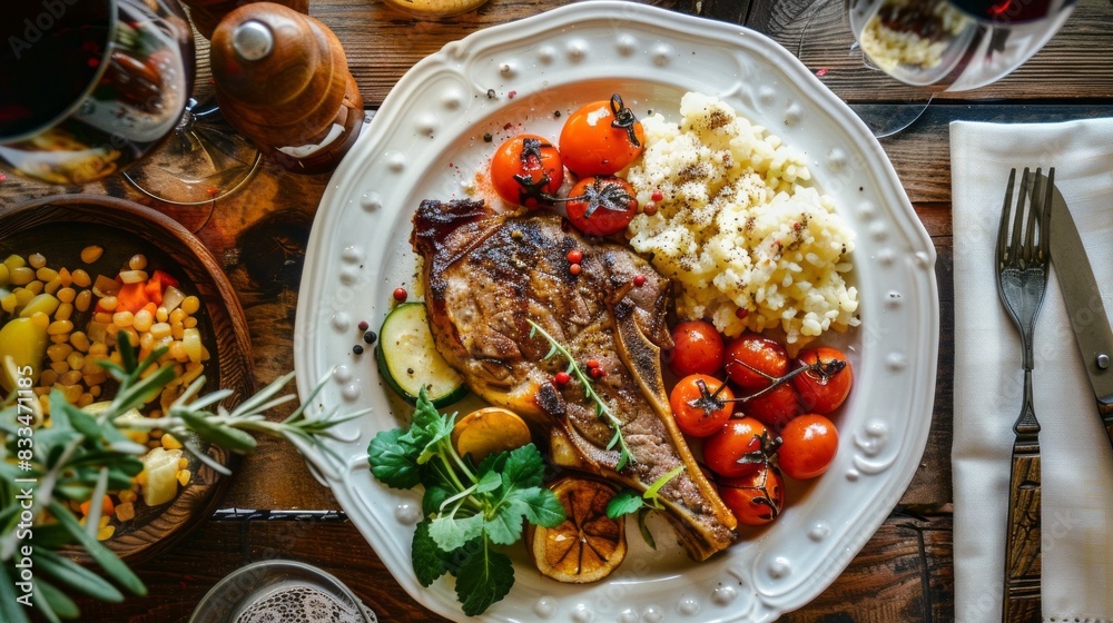 A plate of food with meat, potatoes, and tomatoes
