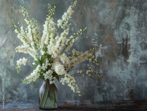 Fresh meadowsweet blossoms arranged in a simple vase photo