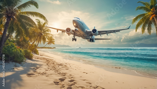 Airplane flies over a beautiful beach, summer vacation 