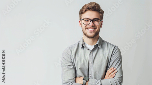 Portrait Of Young Handsome Smiling Business Guy Wearing Gray Shirt And Glasses, Feeling Confident With Crossed Arms, Isolated On White Background. Ideal For Corporate, Professional, Business photo