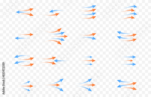 Vector set of arrows png. Heat and cold arrows png. Heat and cold flow. Red and blue arrows on an isolated transparent background.