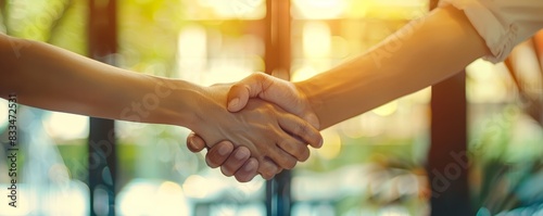 Close-up of a firm handshake between two people, symbolizing agreement, partnership, and mutual understanding in a modern business setting. photo
