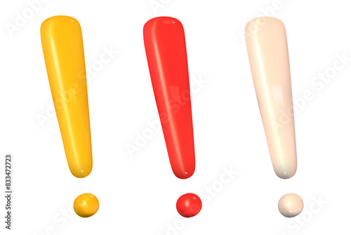 3d white, red, yellow exclamation mark set isolated on color background. Alert or error sign 3d vector render. Exclamation icon mark set