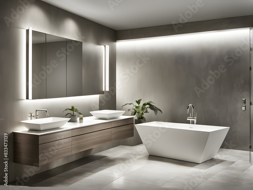 Modern style bathroom design  the bathroom of villa or senior apartment  high-end luxury furniture  and beautiful scenery outside the floor to ceiling window