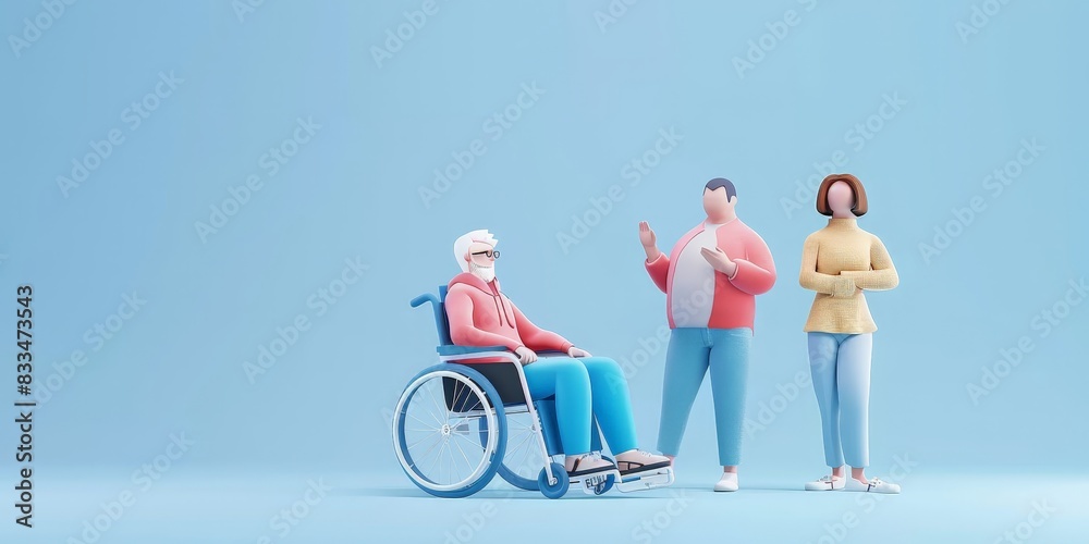 Obraz premium 3D rendering of a group of diverse people. An elderly person in a wheelchair, a man and a woman standing. Isolated on a blue background.