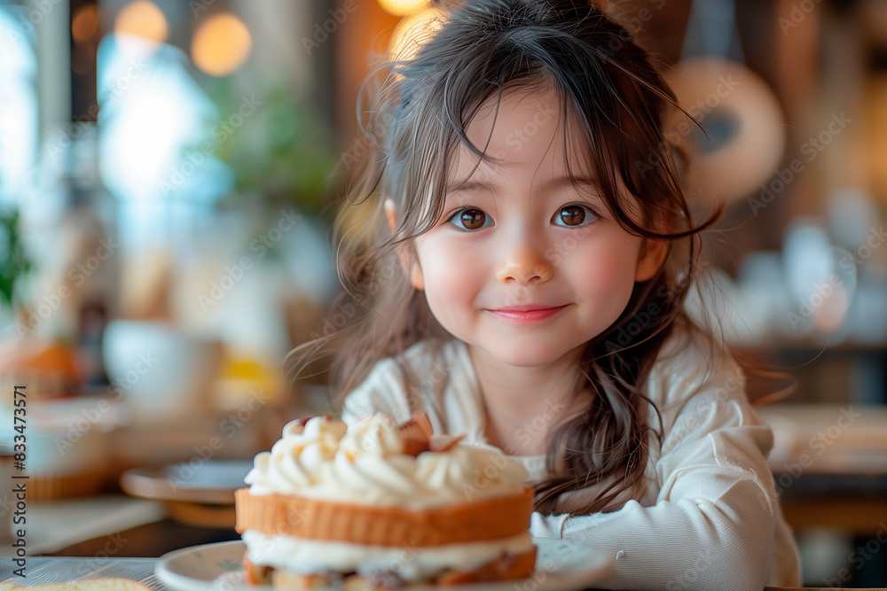 Cute 5 years old girl looking at birthday cake piece and smiling Cute 5 years old girl looking at birthday cake piece and smiling