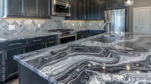 a modern kitchen featuring a stunning epoxy resin countertop in silver and black, reflecting light and adding a touch of luxury to the space. photo