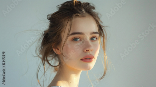 Portrait Of A Young Woman On White Studio Background, Perfect For Skincare, Makeup, And Beauty Product Advertising