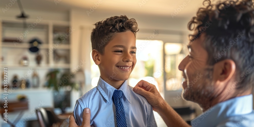 A father and son getting ready for school A father and son getting ready for school