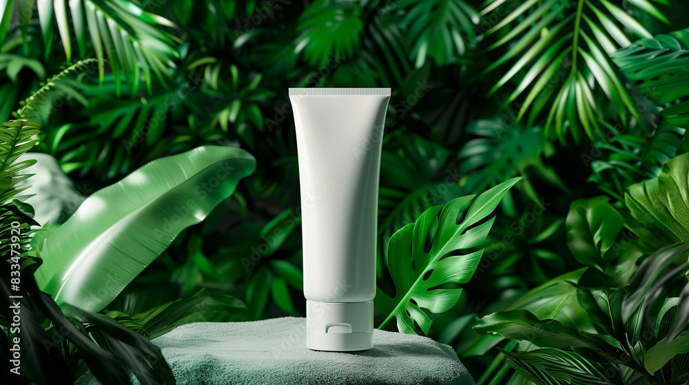 mockup empty white cream tube cosmetic packaging design with tropical plants background mockup empty white cream tube cosmetic packaging design with tropical plants background