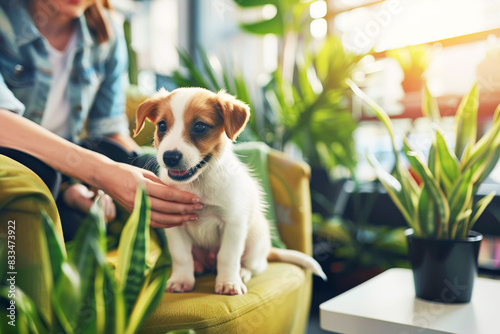 Wallpaper Mural Adorable puppy being held and smiling in a sunlit room with lush green plants. Torontodigital.ca