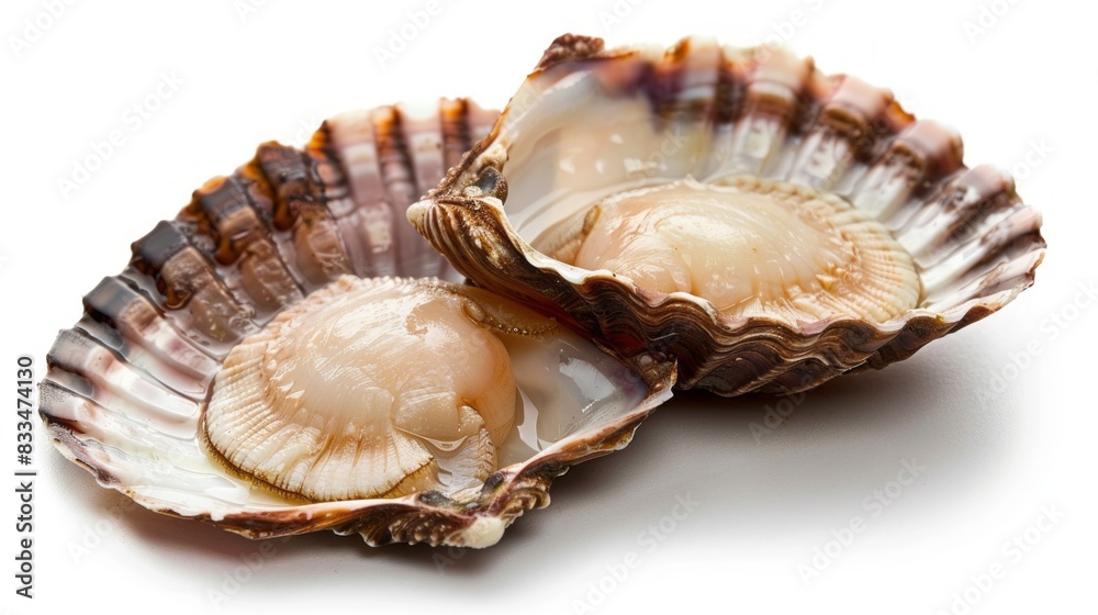 Two scallops are shown on a white background Two scallops are shown on a white background