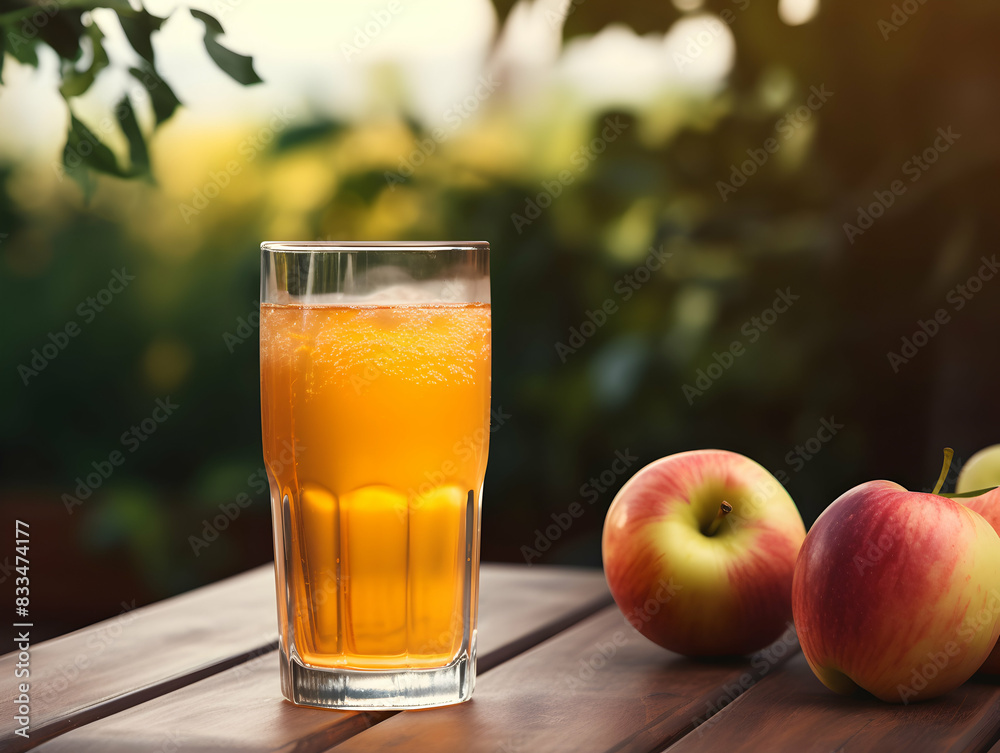 A Glass of apple juice with red apples, Refreshing and healthy apple juice with apple slice and ice in a glass with summer background, Apple juice photo