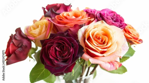 A vibrant bouquet of roses in various colors  including red  orange  and pink  set against a white background  perfect for any occasion.