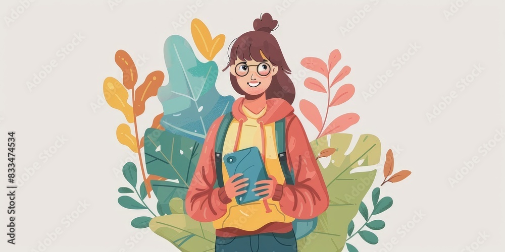 A young woman wearing glasses and a backpack stands in front of a white background A young woman wearing glasses and a backpack stands in front of a white background