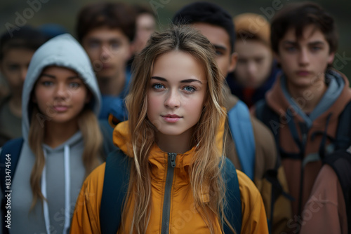 Group of serious teenagers standing together outdoors and looking at camera.