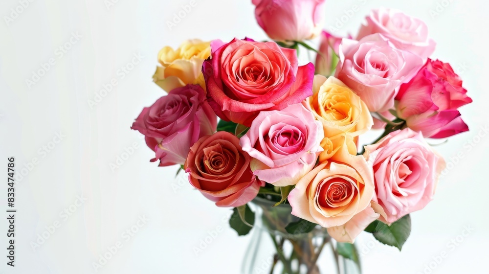 Beautiful bouquet of multicolored roses in a clear vase, showcasing vibrant colors and freshness, ideal for any floral-themed project. Beautiful bouquet of multicolored roses in a clear vase, showcasing vibrant colors and freshness, ideal for any floral-themed project.