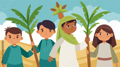The innocence of the children is evident as they join in the Palm Sunday procession a reminder of the humble and pure nature of the holiday.. Vector illustration