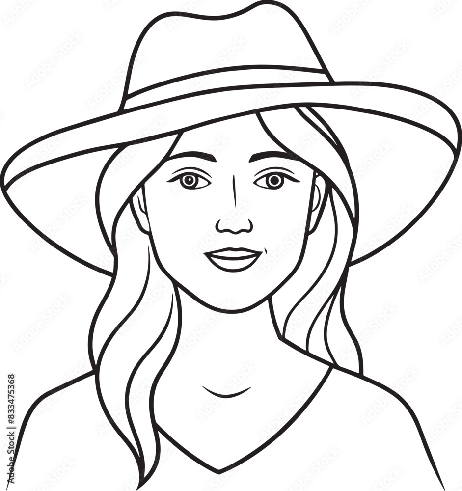 Cute girl with hat black and white illustration Cute girl with hat black and white illustration