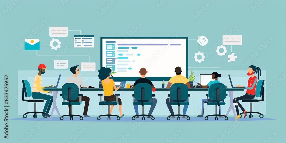 Group of business people sitting in chairs in front of a large screen having a meeting and brainstorming ideas. Group of business people sitting in chairs in front of a large screen having a meeting and brainstorming ideas.