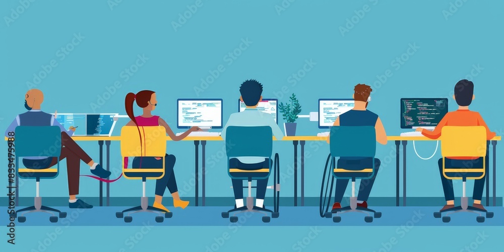 Group of business people working on desktop computers in office. Group of business people working on desktop computers in office.