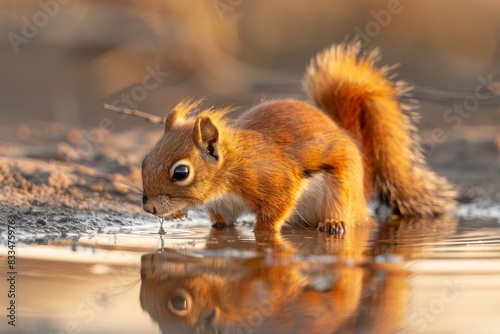 Smiths bush squirrel drinking in backlit waterhole  kruger national park  south africa