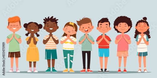 Group of diverse children praying together.