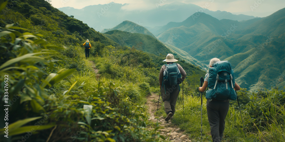 three people with backpacks hiking up a mountain, a scenic mountain trail where a group of active seniors is hiking three people with backpacks hiking up a mountain, a scenic mountain trail where a group of active seniors is hiking