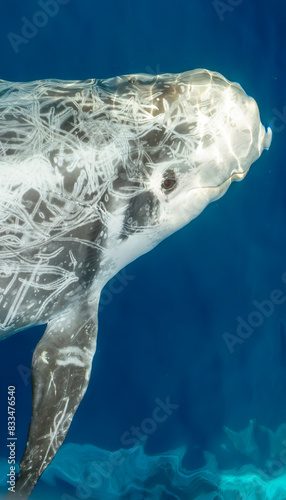 Eye of Risso dolphin close up portrait on blue sea surface smartphone wallpaper background lockscreen