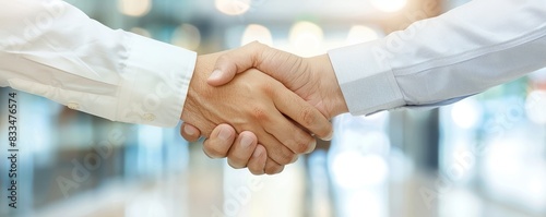 Close-up of a professional handshake between two businesspeople in formal attire, symbolizing partnership, agreement, or successful negotiation.