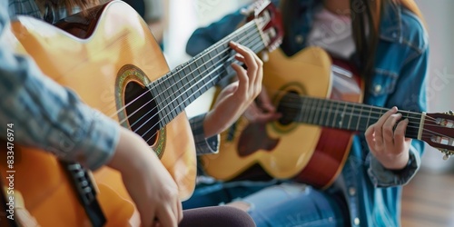 Two people playing acoustic guitars