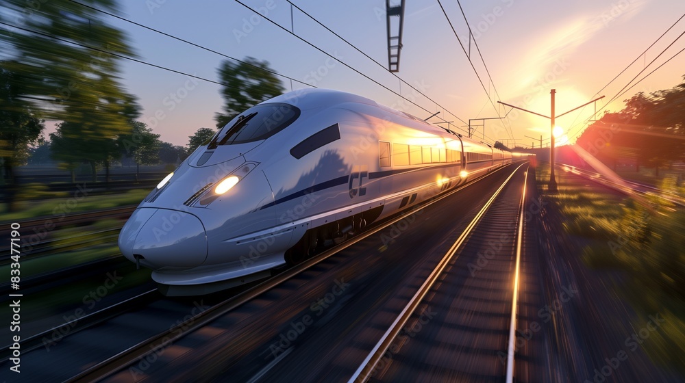 Fototapeta premium A super realistic image of a high-speed train traveling through a scenic countryside,