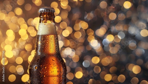 Close-up of chilled beer bottle with condensation against a bokeh background of warm, festive lights, ideal for celebration-themed designs.