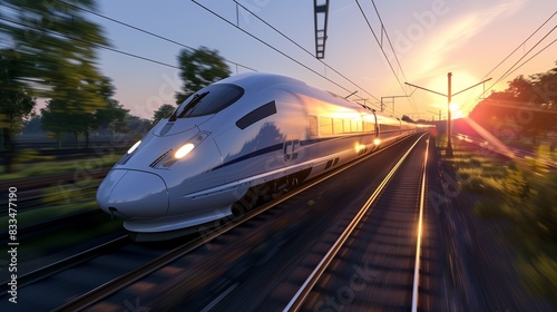 A super realistic image of a high-speed train traveling through a scenic countryside,