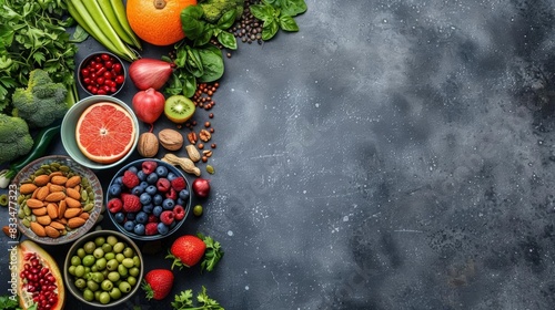 Assortment of healthy food including fruits, vegetables, and nuts on a gray background, top view High resolution, vibrant colors, ample copy space