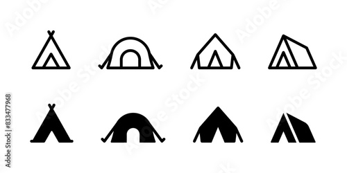 Camping tent icon set. Hiking camp vector illustration. Campground symbol. Shelter sign.