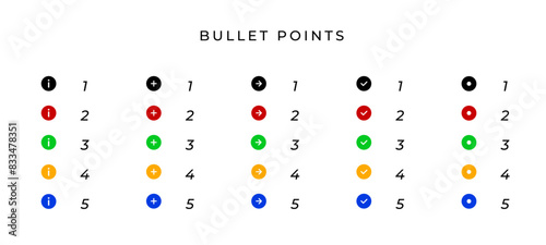 Bullet points icon set. Colored marker list vector illustration. Infographic elements collection. Circle step symbols.