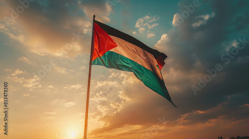 Palestine flag waving in the wind at clouds with sky on pole photo