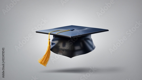 A blue graduation cap with a gold tassel on a gray background.


