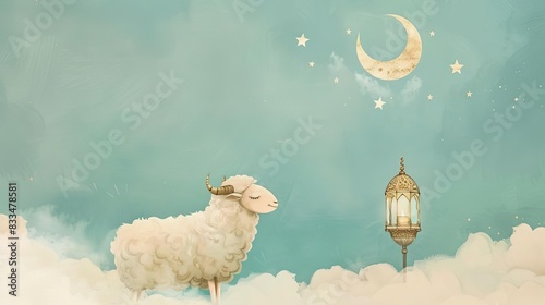 Cute sheep with lantern and crescent moon on a blue background.