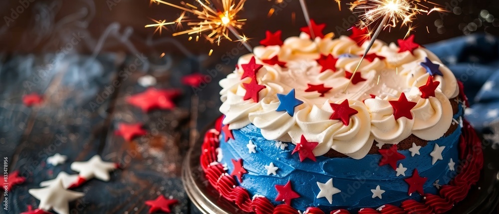 Festive patriotic cake decorated with red, white, and blue stars, topped with sparklers on a dark background. Perfect for celebrations.