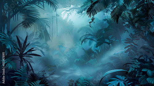 Foggy dark excotic tropical jungle illustration  generative ai