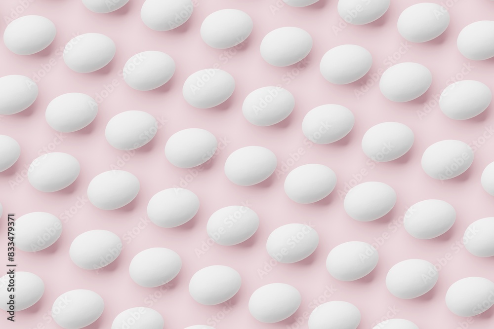 Many white eggs on pink background. Top flat view, order. 3d render, illustration Many white eggs on pink background. Top flat view, order. 3d render, illustration